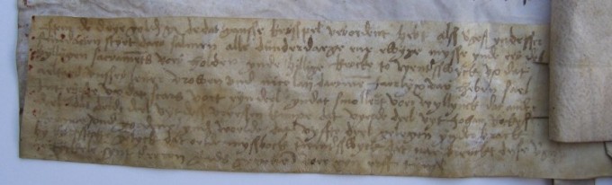 Akte van bevestiging van de oprichting van de Vicarie uit 15092, Links onder op de akte van bevestiging uit 1502: schenking van een grondrente