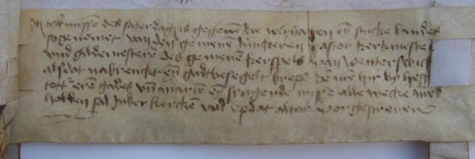 Akte van bevestiging van de oprichting van de Vicarie uit 15092, Links onder op de akte van bevestiging uit 1502: schenking van een grondrente