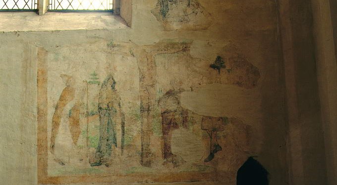 stichtersvoorstelling met kruisigingsschildering boven het fundament van het altaar van de Vicarie Sancti Nicolai, op de oostwand van de zuidelijke zijbeuk, vroeg zestiende eeuw, St. Jacobskerk te Winterswijk.